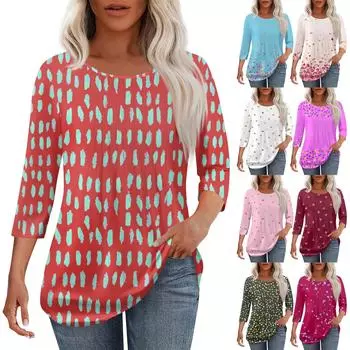 Женская мода повседневный цветочный принт плиссированный круглый вырез повседневный рукав три четверти весна и лето топ M