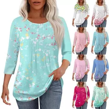 Женская мода повседневный цветочный принт плиссированный круглый вырез повседневный рукав три четверти весна и лето топ M циан