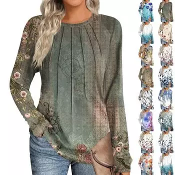 Женская мода повседневный цветочный топ с длинными рукавами и круглым вырезом XXXL тёмно-синий