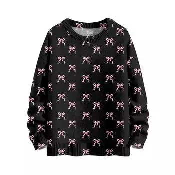 Женская мода повседневный длинный рукав бант принт милый ворот шерстяной трикотажный пуловер топ L чёрный
