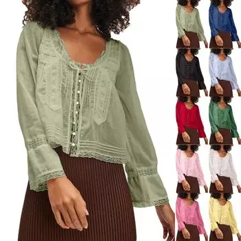 Женская мода повседневный длинный рукав кружевной милый тонкий топ на пуговицах L чёрный