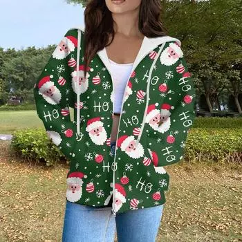 Женская мода повседневный длинный рукав рождественский принт кардиган пальто с карманом на молнии L армия зеленый