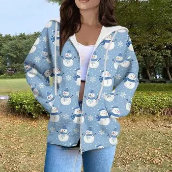 Женская мода повседневный длинный рукав рождественский принт кардиган пальто с карманом на молнии L синий
