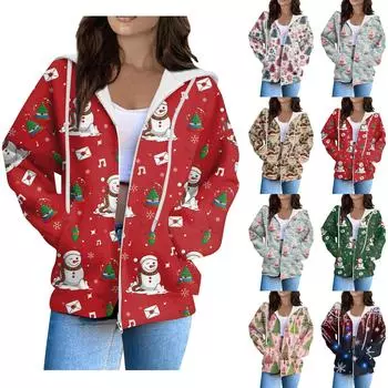 Женская мода повседневный длинный рукав рождественский принт кардиган пальто с карманом на молнии XL