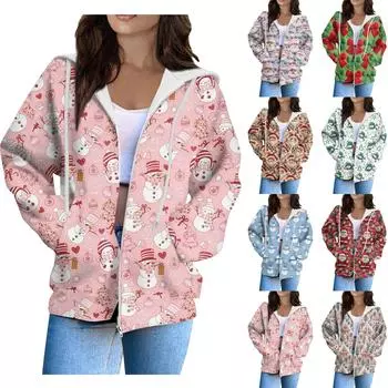 Женская мода повседневный длинный рукав рождественский принт кардиган пальто с карманом на молнии S зелёный