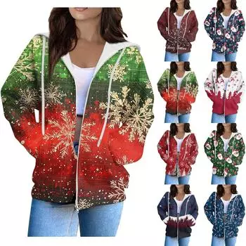 Женская мода повседневный длинный рукав рождественский принт кардиган пальто с карманом на молнии L винный