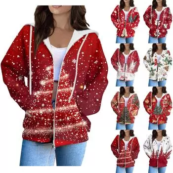 Женская мода повседневный длинный рукав рождественский принт кардиган пальто с карманом на молнии L армия зеленый