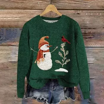 Женская мода повседневный длинный рукав рождественский принтованный воротник шерстяной трикотажный пуловер топ L темно-зеленого