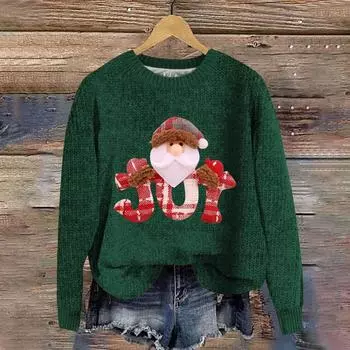 Женская мода повседневный длинный рукав рождественский принтованный воротник шерстяной трикотажный пуловер топ L темно-зеленого