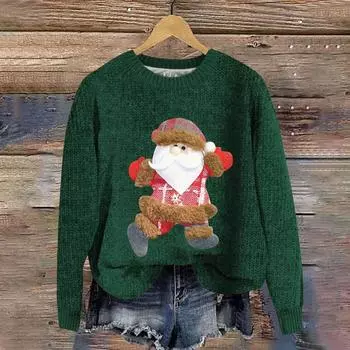 Женская мода повседневный длинный рукав рождественский принтованный воротник шерстяной трикотажный пуловер топ L темно-зеленого