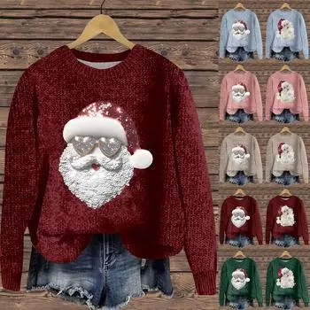 Женская мода повседневный длинный рукав рождественский принтованный воротник шерстяной трикотажный пуловер топ S