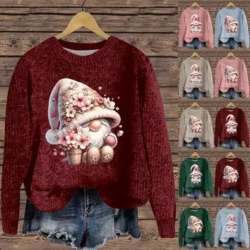 Женская мода повседневный длинный рукав рождественский принтованный воротник шерстяной трикотажный пуловер топ XL