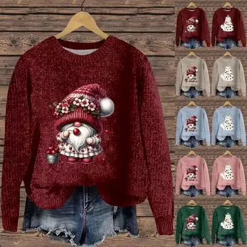 Женская мода повседневный длинный рукав рождественский принтованный воротник шерстяной трикотажный пуловер топ L винный