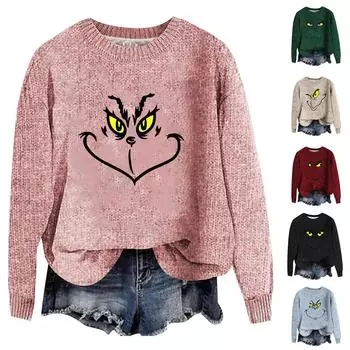 Женская мода повседневный длинный рукав рождественский принтованный воротник шерстяной трикотажный пуловер топ XXL