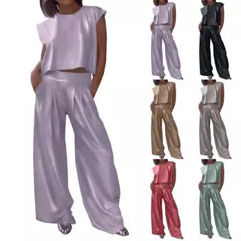 Женская мода, повседневный гладкий жилет, широкие брюки, два комплекта (2 куска) L чёрный