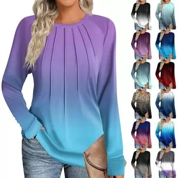 Женская мода повседневный градиент цвета длинный рукав круглый вырез топ L синий