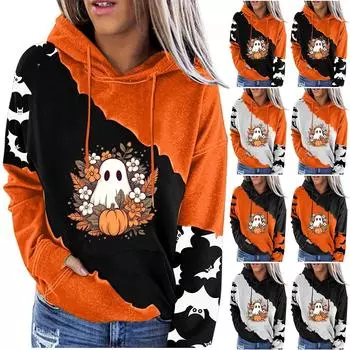 Женская мода повседневный Хэллоуин принтованный пуловер круглый вырез с заниженной линией плеча длинный рукав толстовка S винный