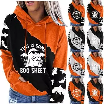 Женская мода повседневный Хэллоуин принтованный пуловер круглый вырез с заниженной линией плеча длинный рукав толстовка S оранжевый