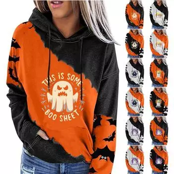 Женская мода повседневный Хэллоуин принтованный пуловер круглый вырез с заниженной линией плеча длинный рукав толстовка XL чёрный