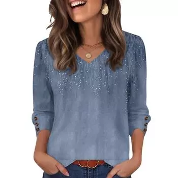 Женская мода, повседневный и ретро топ с V-образным вырезом L синий