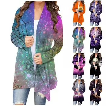Женская мода, повседневный кардиган с цветочным принтом на Хэллоуин, куртка средней длины, пальто XXXXL фиолетовый