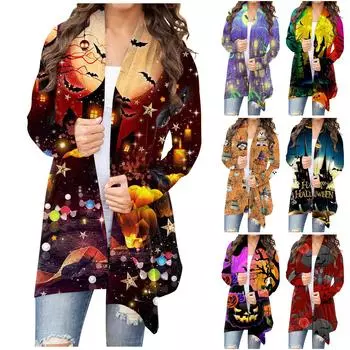 Женская мода, повседневный кардиган с цветочным принтом на Хэллоуин, куртка средней длины, пальто XXXXL винный