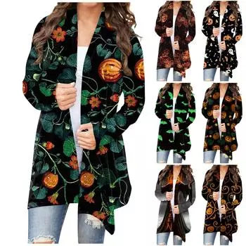 Женская мода, повседневный кардиган с цветочным принтом на Хэллоуин, куртка средней длины, пальто L чёрный