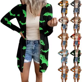 Женская мода, повседневный кардиган с длинными рукавами и принтом на Хэллоуин, куртка на пуговицах средней длины, пальто XL синий