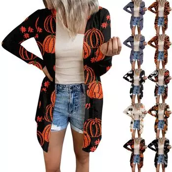 Женская мода, повседневный кардиган с длинными рукавами и принтом на Хэллоуин, куртка на пуговицах средней длины, пальто XXXL
