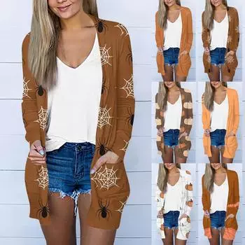 Женская мода, повседневный кардиган с карманом и принтом на Хэллоуин, средней длины XXXXXL хаки