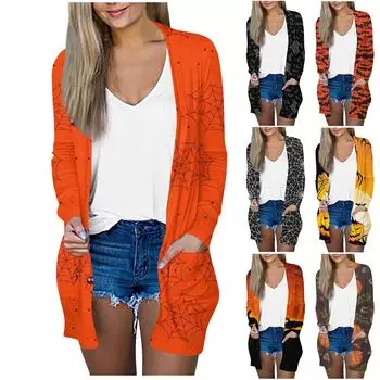 Женская мода, повседневный кардиган с карманом и принтом на Хэллоуин, средней длины M оранжевый