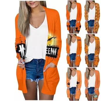 Женская мода, повседневный кардиган с карманом и принтом на Хэллоуин, средней длины XXL оранжевый