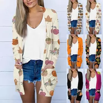 Женская мода, повседневный кардиган с карманом и принтом на Хэллоуин, средней длины S хаки