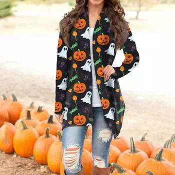 Женская мода, повседневный кардиган с принтом на Хэллоуин, средней длины, куртка с длинными рукавами, пальто XXXL чёрный