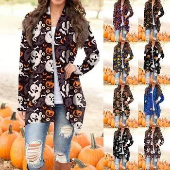 Женская мода, повседневный кардиган с принтом на Хэллоуин, средней длины, куртка с длинными рукавами, пальто L белый