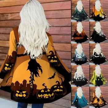 Женская мода, повседневный кардиган с принтом на Хэллоуин, средней длины, куртка с длинными рукавами, пальто XL