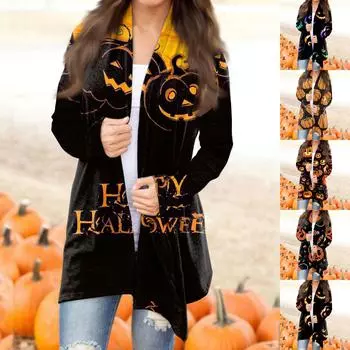 Женская мода, повседневный кардиган с принтом на Хэллоуин, средней длины, с длинными рукавами, пальто M
