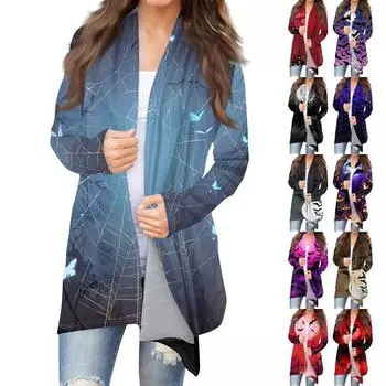 Женская мода, повседневный кардиган с принтом на Хэллоуин, средней длины, куртка, пальто L