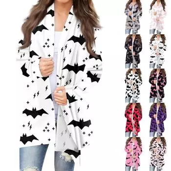 Женская мода, повседневный кардиган с принтом на Хэллоуин, средней длины, куртка, пальто XXXL розовый