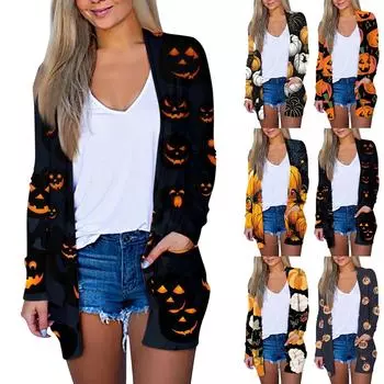 Женская мода, повседневный кардиган с принтом на Хэллоуин, средней длины, куртка, пальто L
