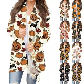 Женская мода, повседневный кардиган с принтом на Хэллоуин, средней длины, куртка, пальто XXL чёрный