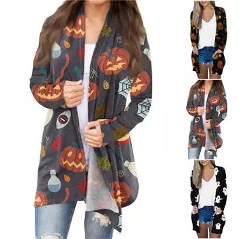 Женская мода, повседневный кардиган с принтом на Хэллоуин, средней длины, с длинными рукавами, пальто XL чёрный