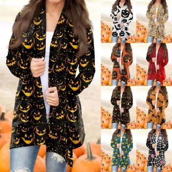Женская мода, повседневный кардиган с принтом на Хэллоуин, средней длины, с длинными рукавами, пальто S оранжевый