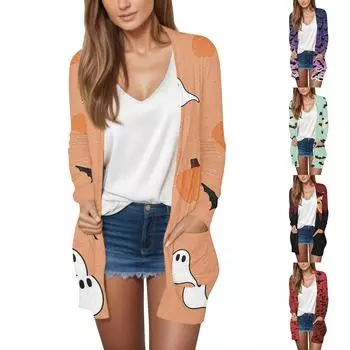 Женская мода, повседневный кардиган с принтом на Хэллоуин, средней длины, куртка, пальто M