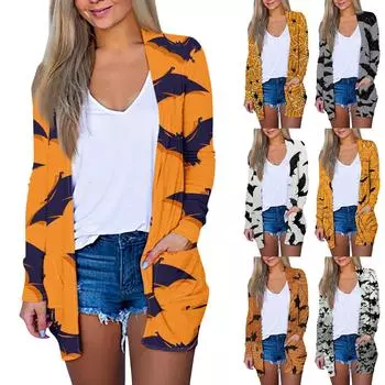 Женская мода, повседневный кардиган с принтом на Хэллоуин, средней длины, куртка, пальто M