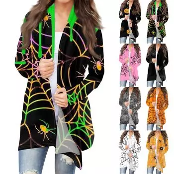 Женская мода, повседневный кардиган с принтом на Хэллоуин, средней длины, куртка, пальто XL
