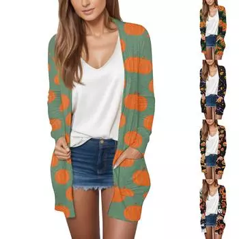 Женская мода, повседневный кардиган с принтом на Хэллоуин, средней длины, куртка, пальто L имбирный