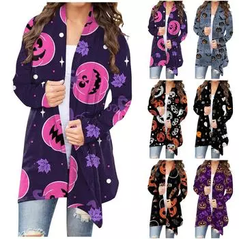 Женская мода, повседневный кардиган с принтом на Хэллоуин, средней длины, куртка, пальто L чёрный