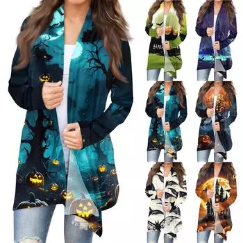 Женская мода, повседневный кардиган с принтом на Хэллоуин, средней длины, куртка, пальто L синий