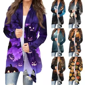 Женская мода, повседневный кардиган с принтом на Хэллоуин, средней длины, куртка, пальто XXL синий